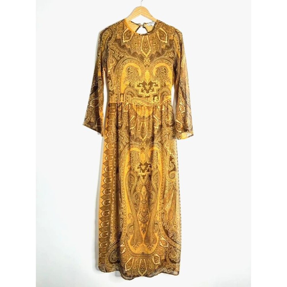 Glamorous Boho Orange Paisley Maxi Lined Dress 70s Earthy Festival Chic 12P